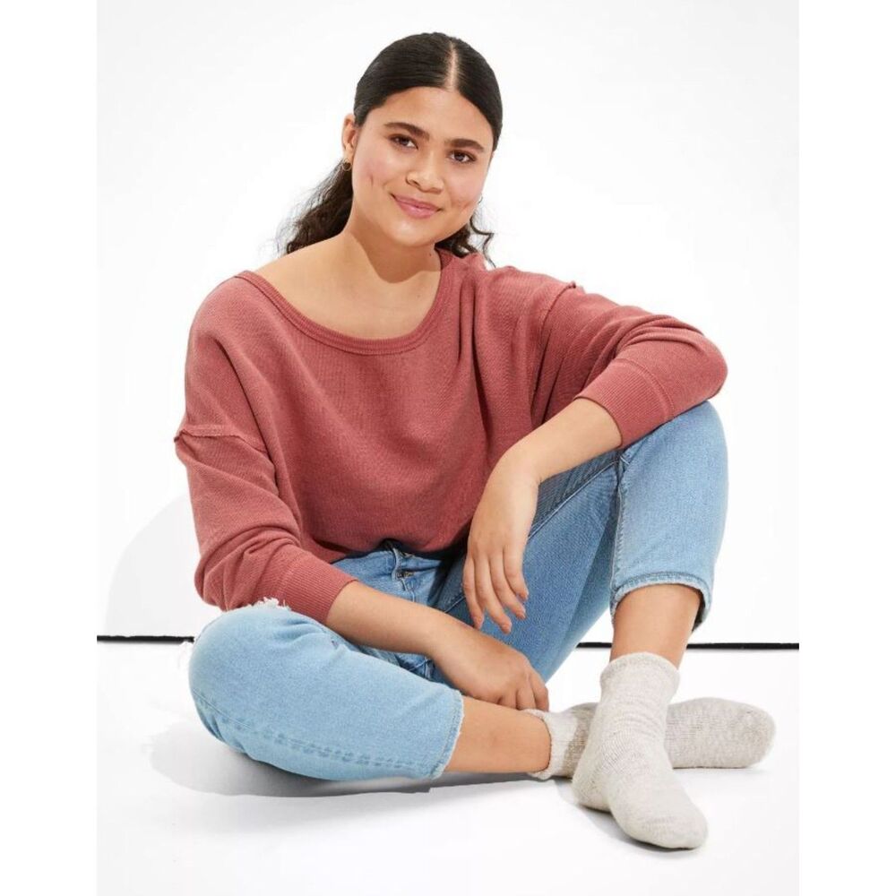 AE American Eagle Sweatshirt S oversized Forever Slouchy crew neck cropped rust